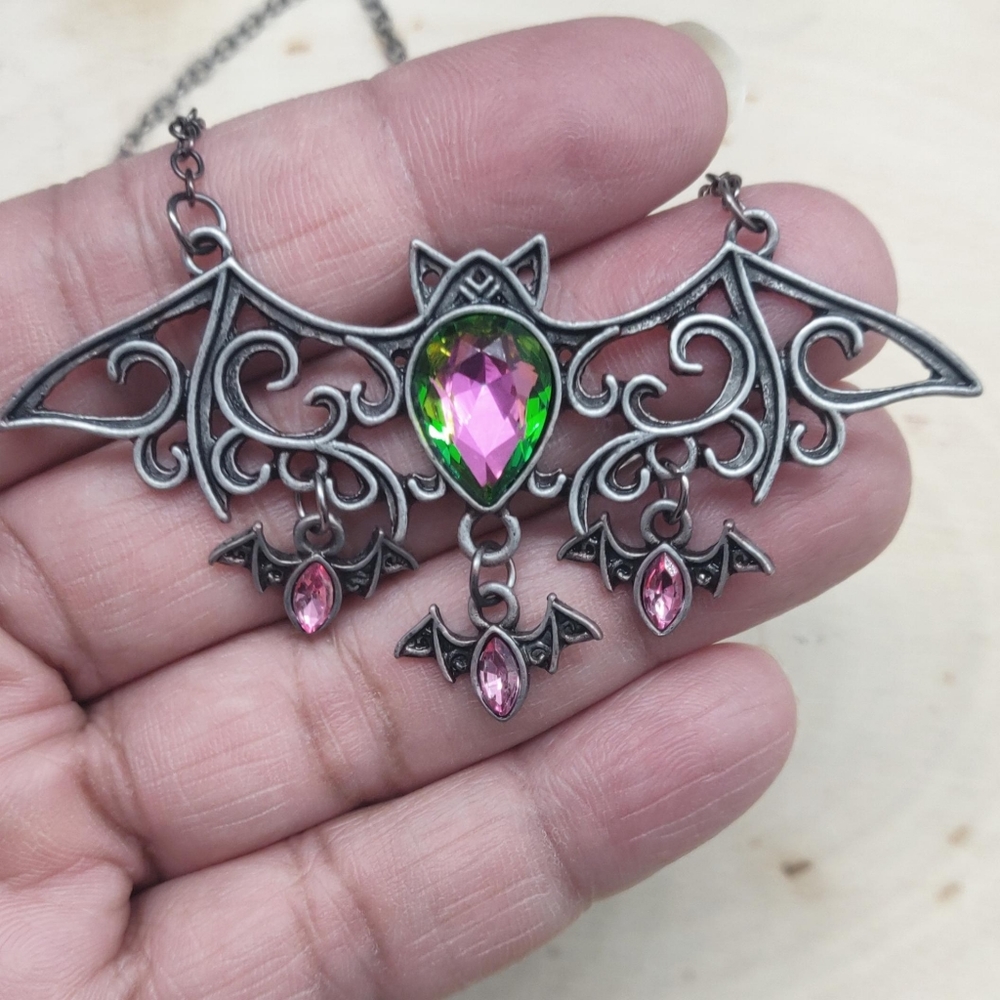 Pink & Green Antiqued Mama Bat Necklace